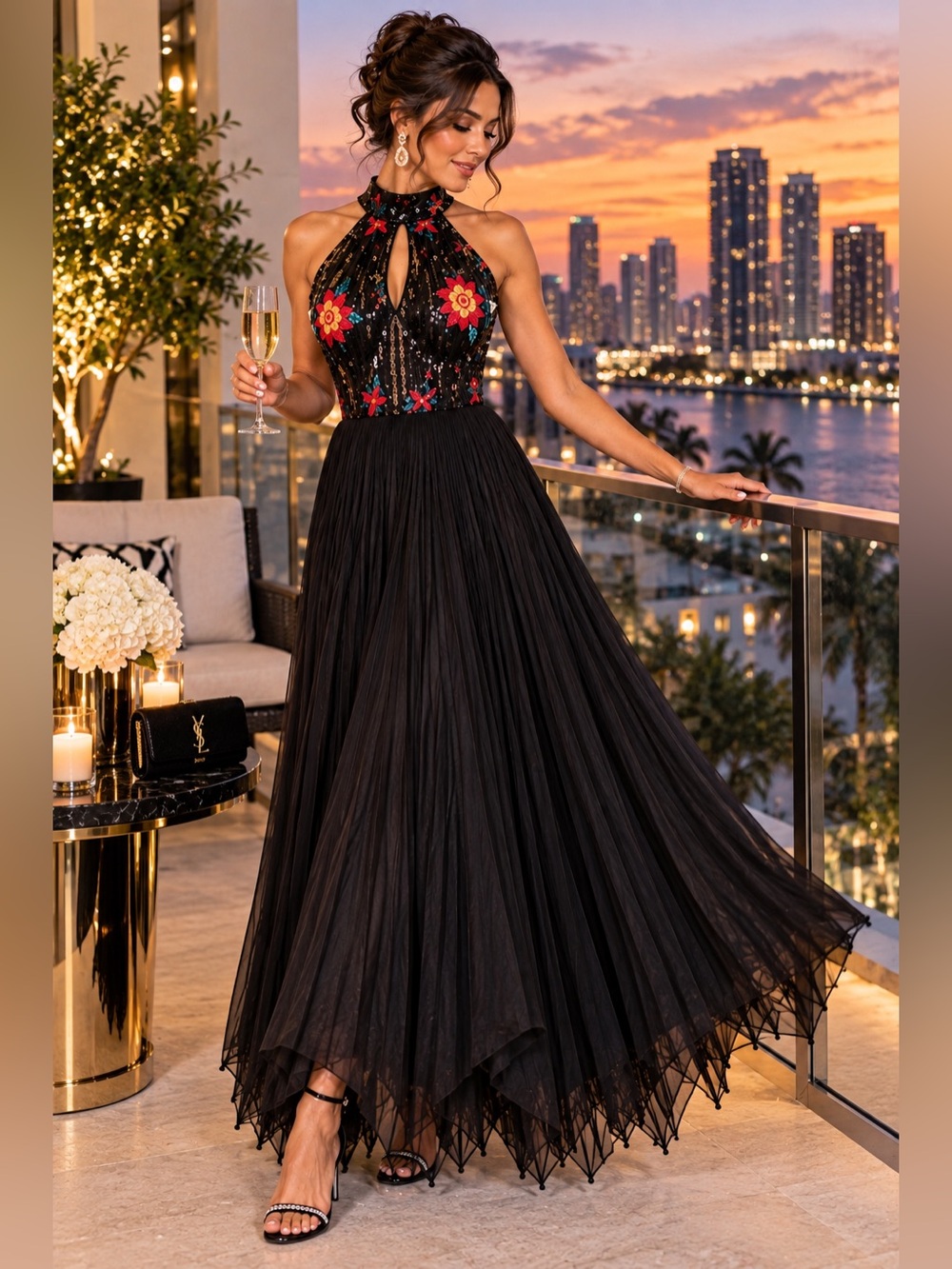 Available by Angela Fashion S Black Sequin Floral Embroidered Halter Maxi Gown